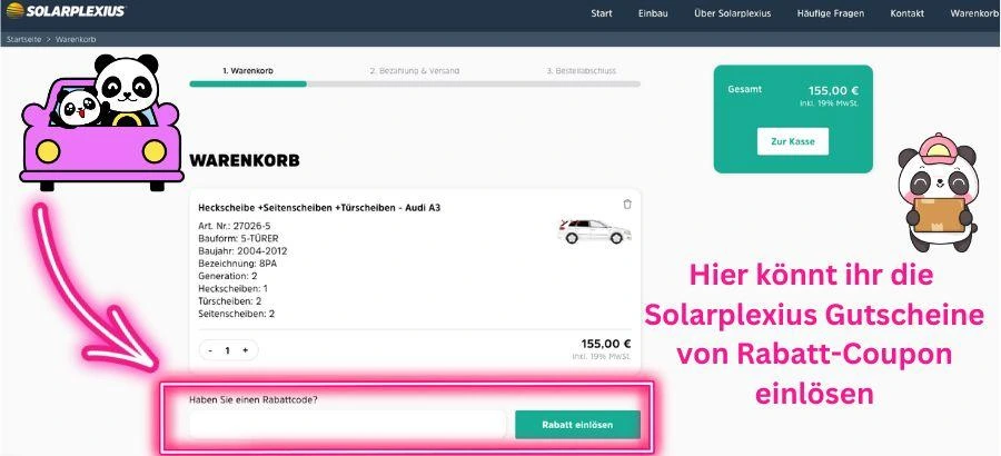 Solarplexius Gutschein einlösen im Warenkorb. So gehts Screenshot mit Panda und Pfeil.