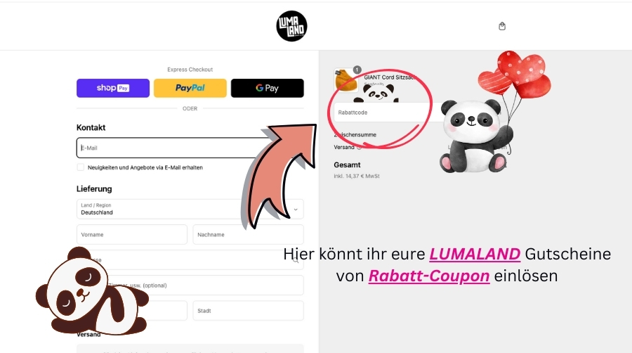 Im Warenkorb könnt ihr den LUMALAND von Rabatt-Coupon einlösen.